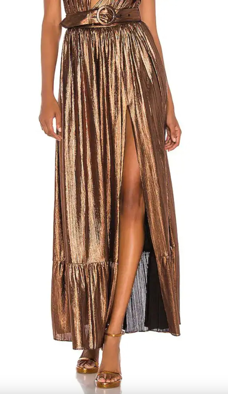 RETROFETE Serene Metallic Bronze Maxi Skirt Front Slit Belted NEW Medium